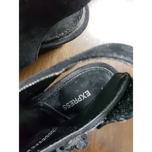 Express Heels Size 6 Womens Black Slingback Block Fabric Tassle Peep Toe Shoes - Picture 8 of 13